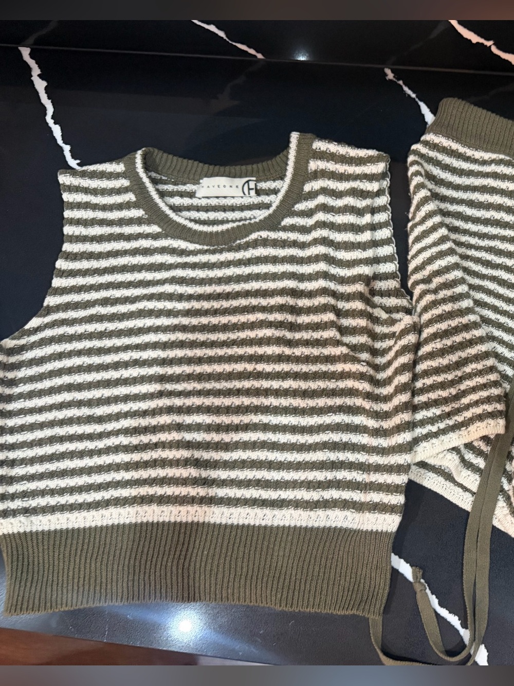 Striped Olive & Cream Crewneck Knit top and shorts set- Women